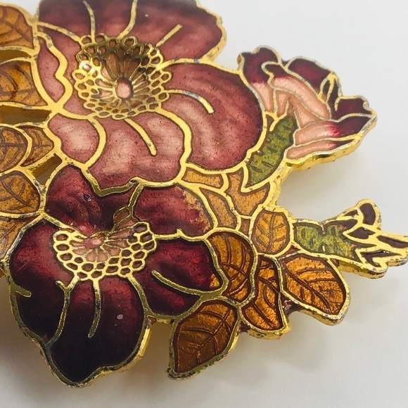 Vtg Cloisonne Brooch 2” Jewelry Gold Tone Flowers Enamel Pin Multicolor Pink Red - Picture 2 of 7
